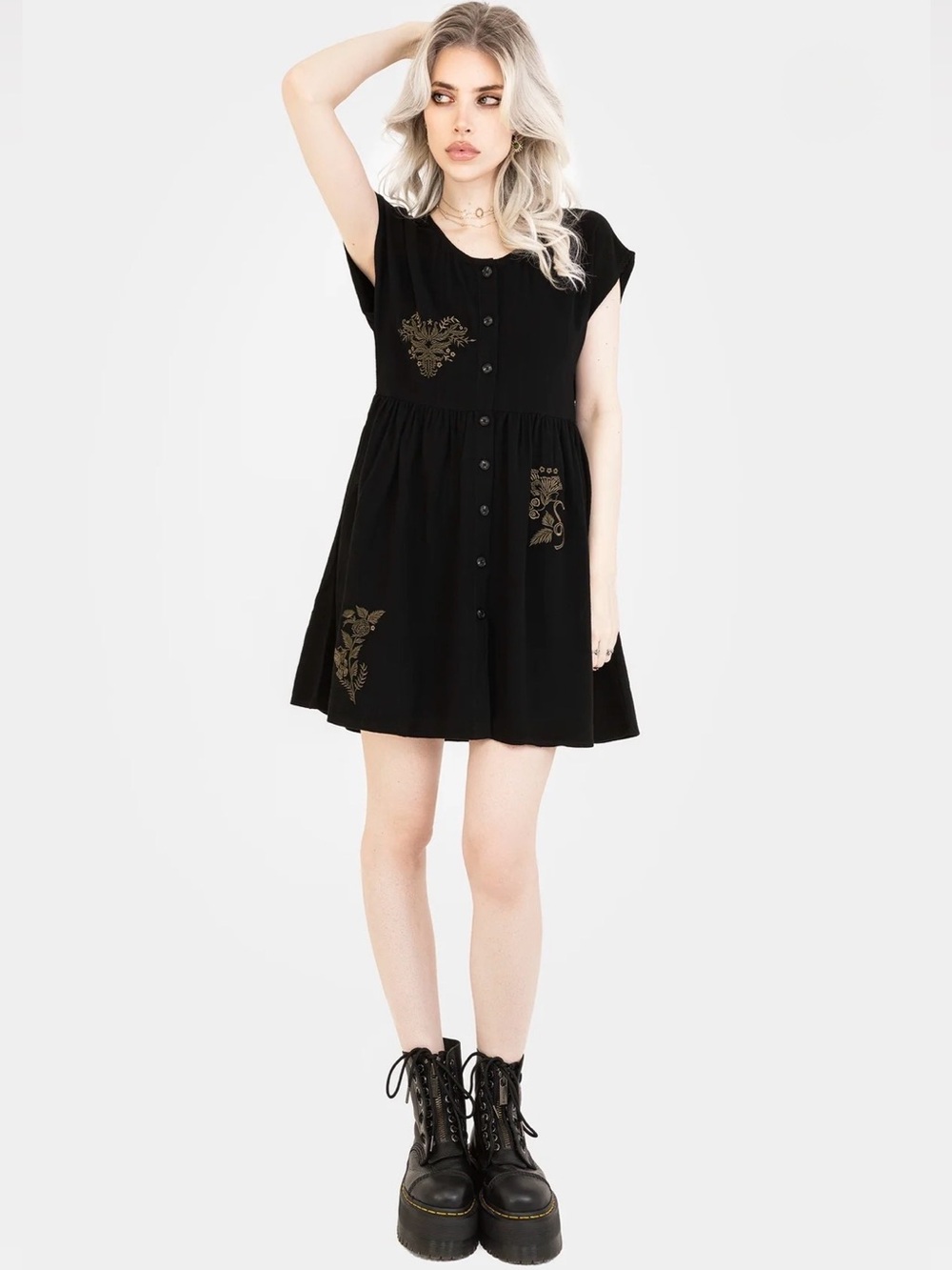 NWT Disturbia Foliate Linen-Blend Embroidered Button-Up Mini Dress, Black, US 4